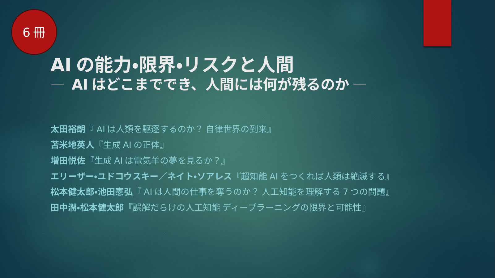 生成AI（AIの能力・限界・リスクと人間）のスライド